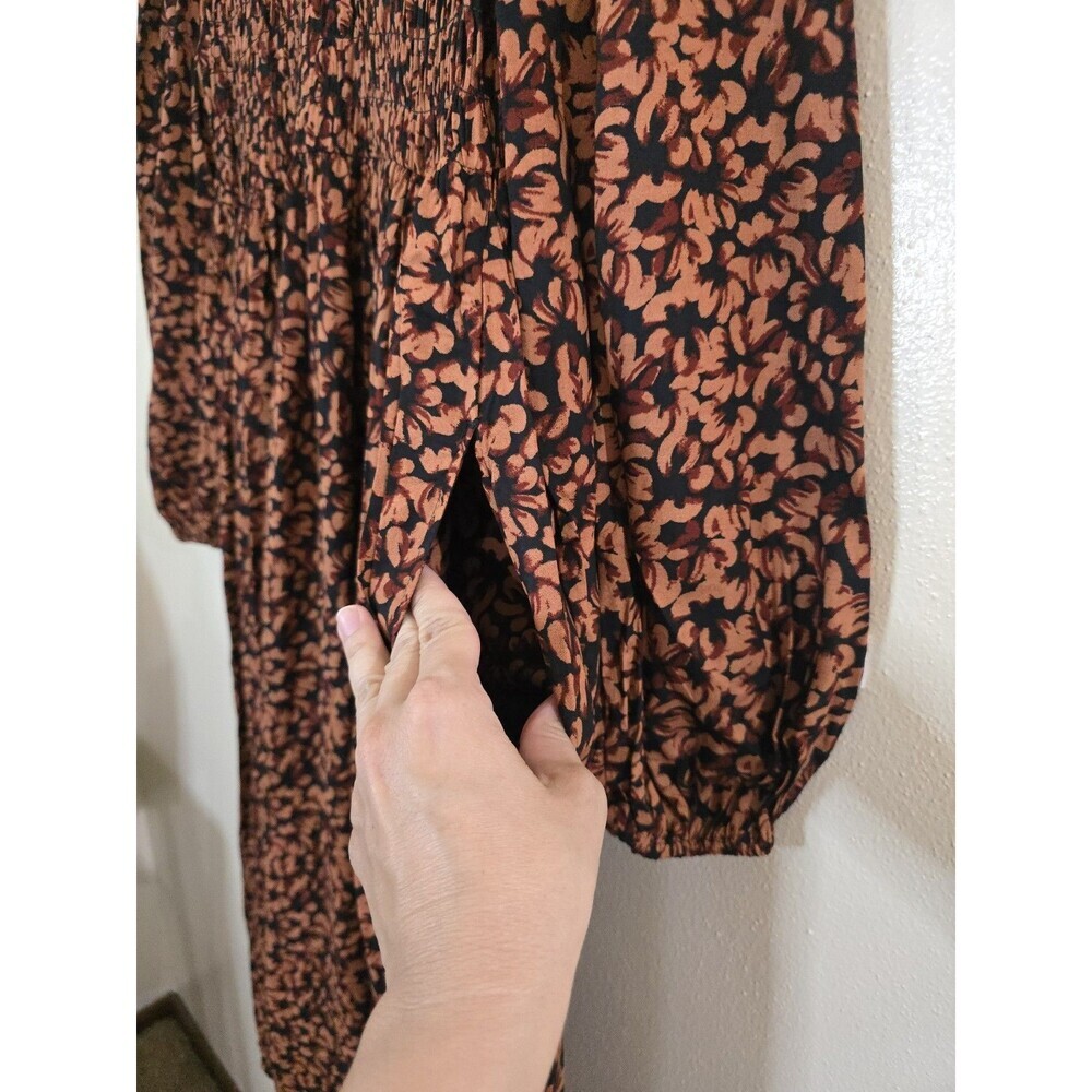New Day Smocked Midi Dress Womens XL Brown Floral Long Sleeve Boho NWT - Picture 8 of 14